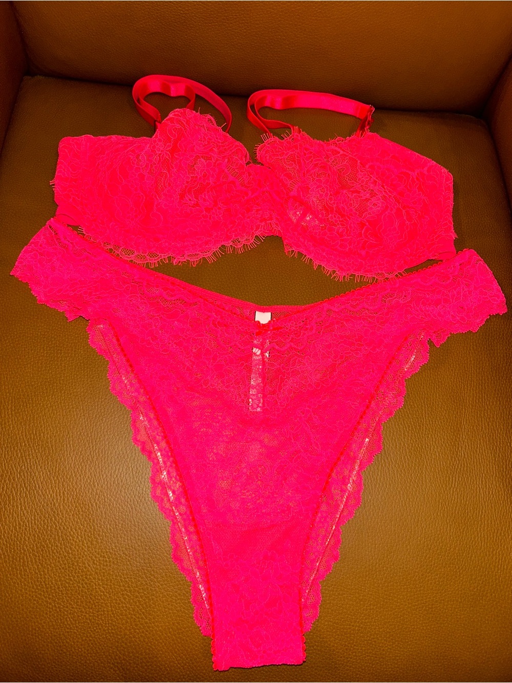 VS Wicked Balconette Bra & 2 panty Set - Hot Coral